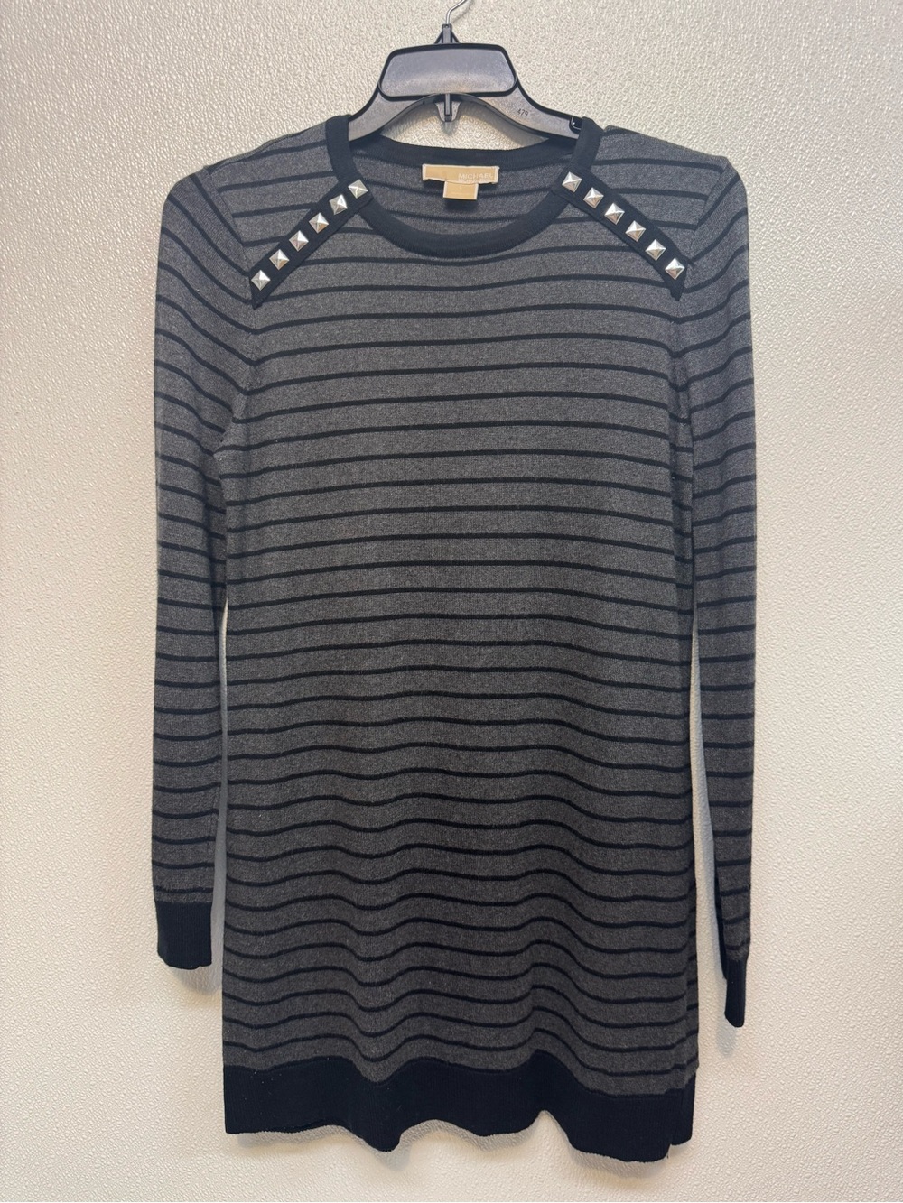 Michael Kors Gray and Black Striped Long Sleeve Studded Sweater Dress